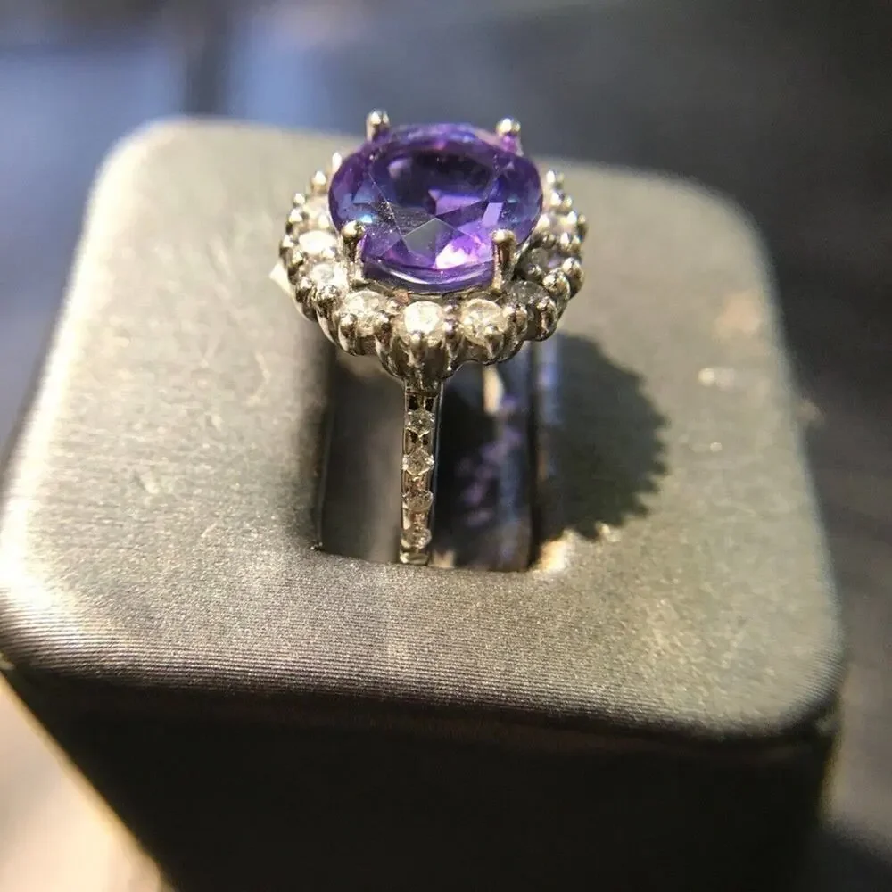 Cocktail Ring 925 Sz8 Round Amethyst Circle Diamonds (All Stones Simulated)